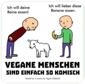Karikatur "Veganer, die eine Banane statt eines Lamms essen sind komisch."